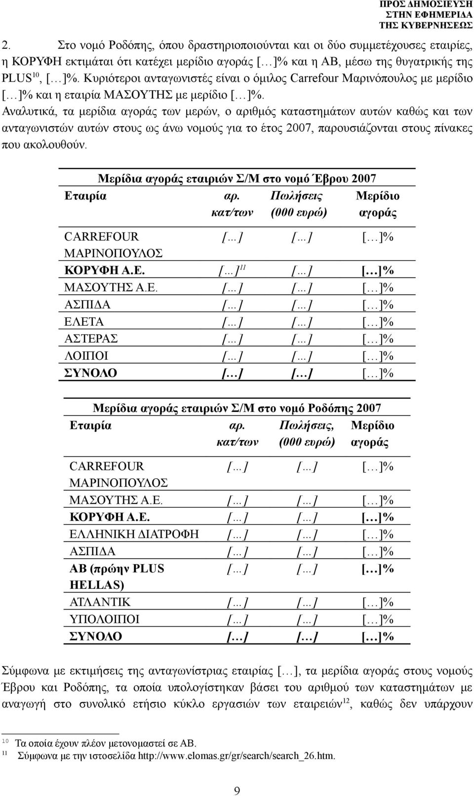 Αναλυτικά, τα μερίδια αγοράς των μερών, ο αριθμός καταστημάτων αυτών καθώς και των ανταγωνιστών αυτών στους ως άνω νομούς για το έτος 2007, παρουσιάζονται στους πίνακες που ακολουθούν.