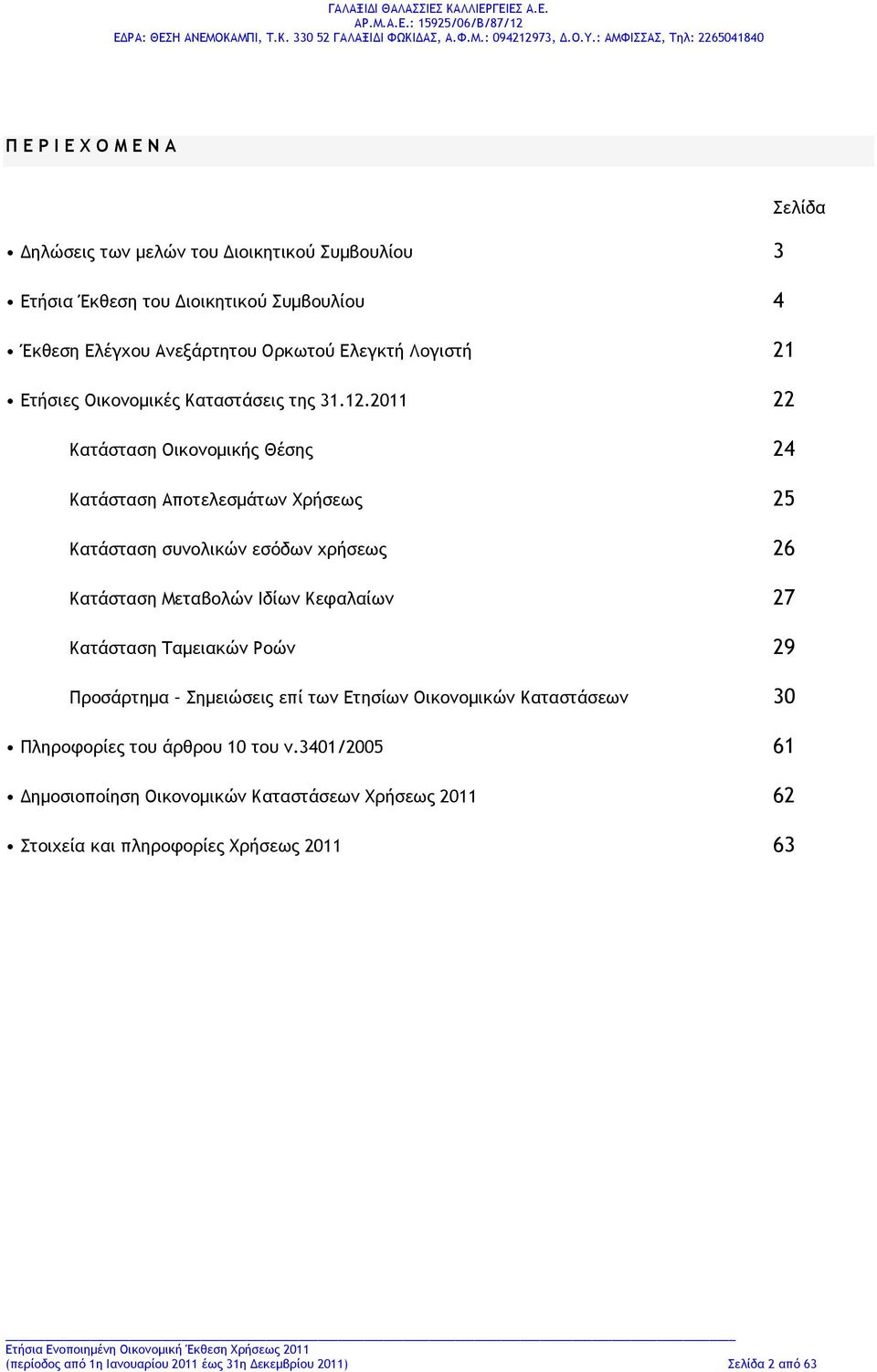 2011 22 Κατάσταση Οικονομικής Θέσης 24 Κατάσταση Αποτελεσμάτων Χρήσεως 25 Κατάσταση συνολικών εσόδων χρήσεως 26 Κατάσταση Μεταβολών Ιδίων Κεφαλαίων 27 Κατάσταση Ταμειακών Ροών 29