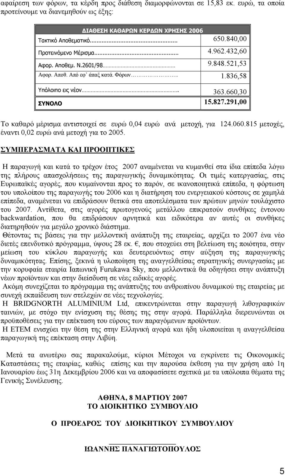 291,00 Το καθαρό μέρισμα αντιστοιχεί σε ευρώ 0,04 ευρώ ανά μετοχή, για 124.060.815 μετοχές, έναντι 0,02 ευρώ ανά μετοχή για το 2005.