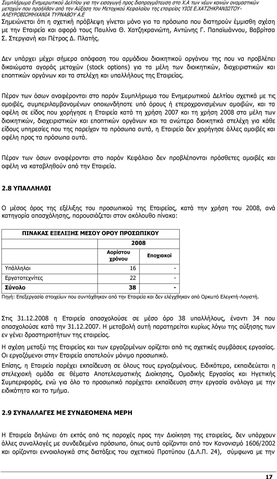 Δεν υπάρχει μέχρι σήμερα απόφαση του αρμόδιου διοικητικού οργάνου της που να προβλέπει δικαιώματα αγοράς μετοχών (stock options) για τα μέλη των διοικητικών, διαχειριστικών και εποπτικών οργάνων και