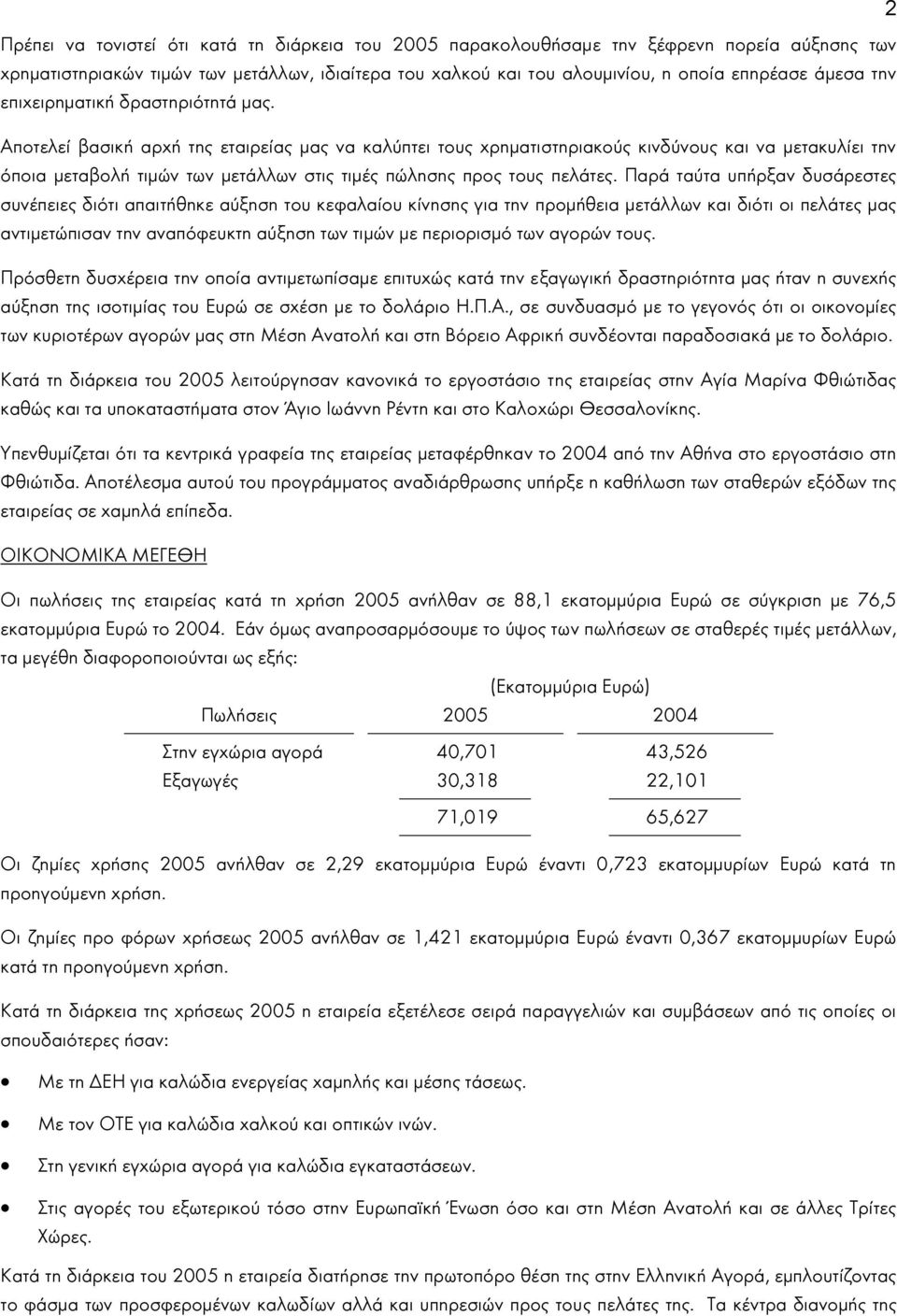 Αποτελεί βασική αρχή της εταιρείας µας να καλύπτει τους χρηµατιστηριακούς κινδύνους και να µετακυλίει την όποια µεταβολή τιµών των µετάλλων στις τιµές πώλησης προς τους πελάτες.