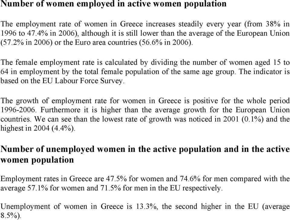 The female employment rate is calculated by dividing the number of women aged 15 to 64 in employment by the total female population of the same age group.