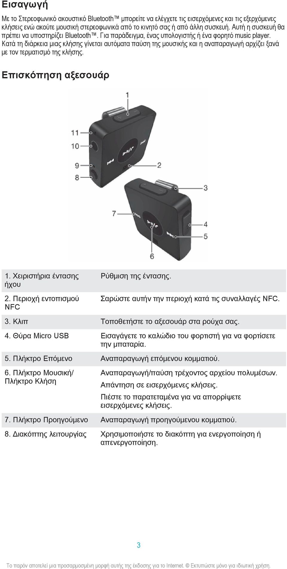 Κατά τη διάρκεια μιας κλήσης γίνεται αυτόματα παύση της μουσικής και η αναπαραγωγή αρχίζει ξανά με τον τερματισμό της κλήσης. Επισκόπηση αξεσουάρ 1. Χειριστήρια έντασης ήχου 2.