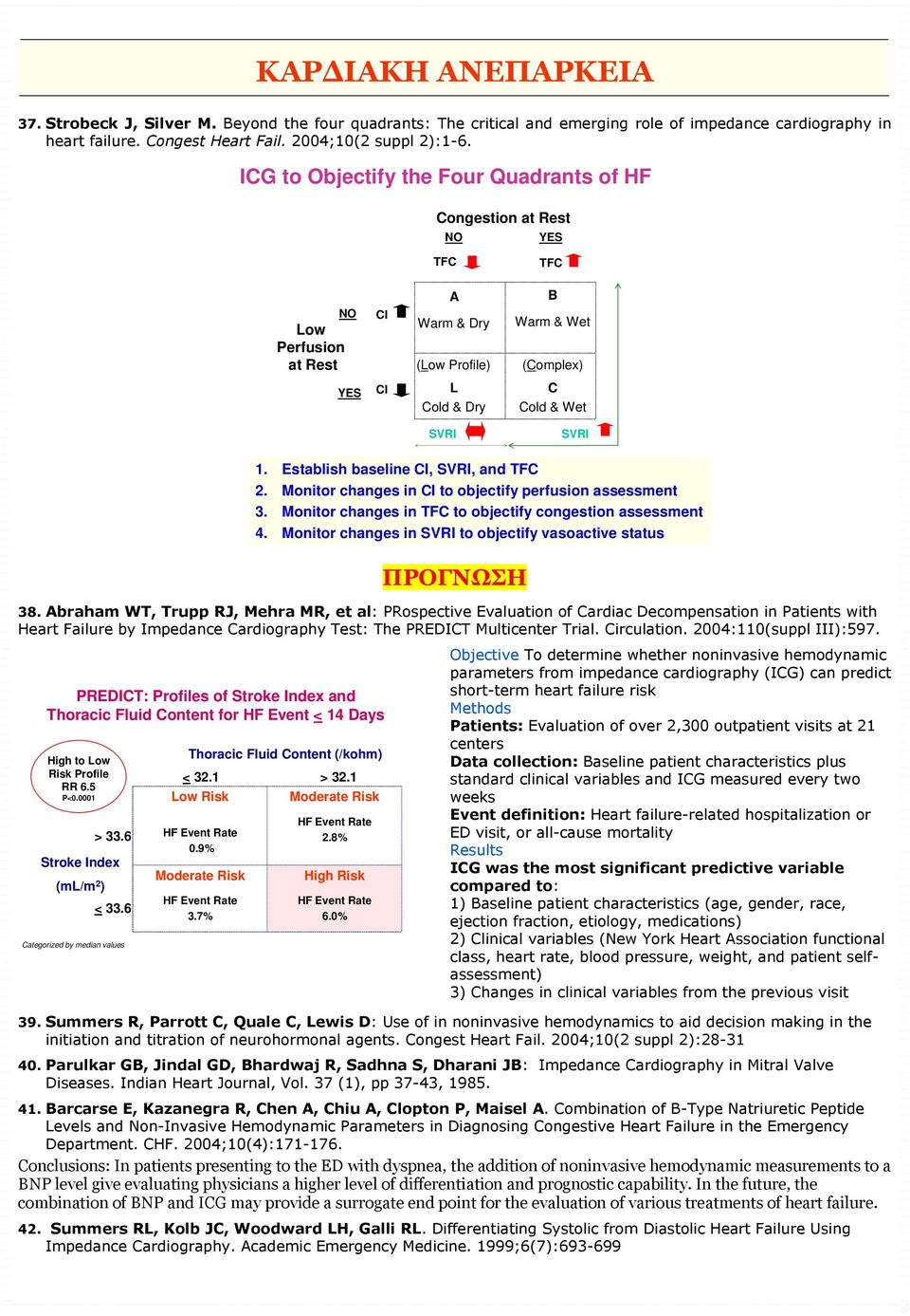 Establish baseline CI, SVRI, and TFC 2. Monitor changes in CI to objectify perfusion assessment 3. Monitor changes in TFC to objectify congestion assessment 4.