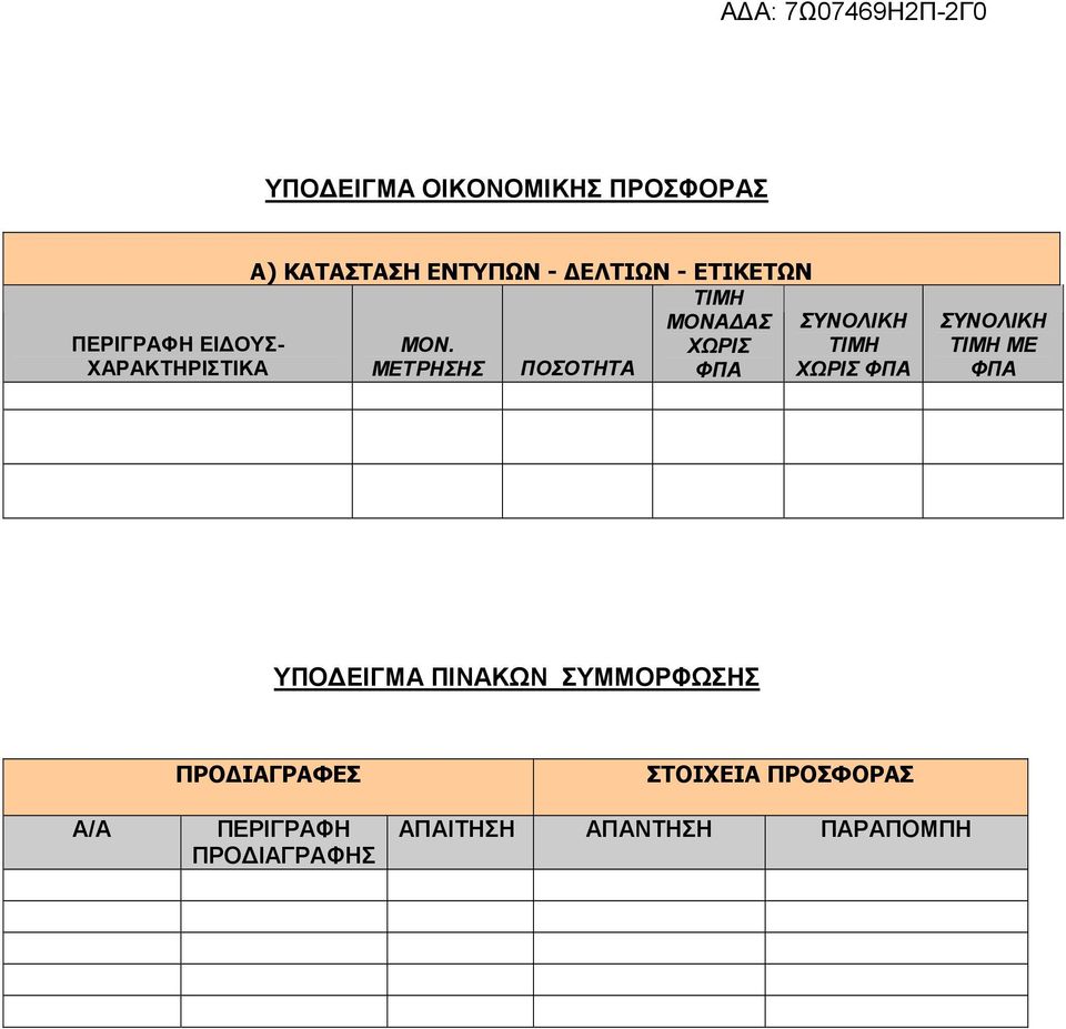 ΧΩΡΙΣ ΜΕΤΡΗΣΗΣ ΠΟΣΟΤΗΤΑ ΣΥΝΟΛΙΚΗ ΤΙΜΗ ΧΩΡΙΣ ΣΥΝΟΛΙΚΗ ΤΙΜΗ ΜΕ ΥΠΟ ΕΙΓΜΑ