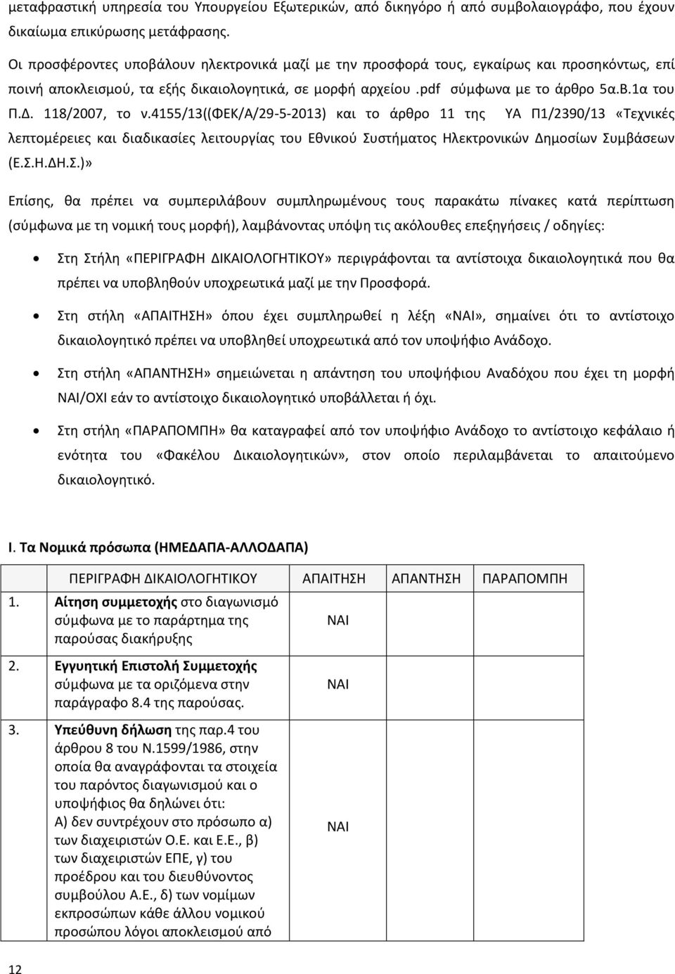 118/2007, το ν.4155/13((φεκ/α/29-5-2013) και το άρθρο 11 της ΥΑ Π1/2390/13 «Τεχνικές λεπτομέρειες και διαδικασίες λειτουργίας του Εθνικού Συ