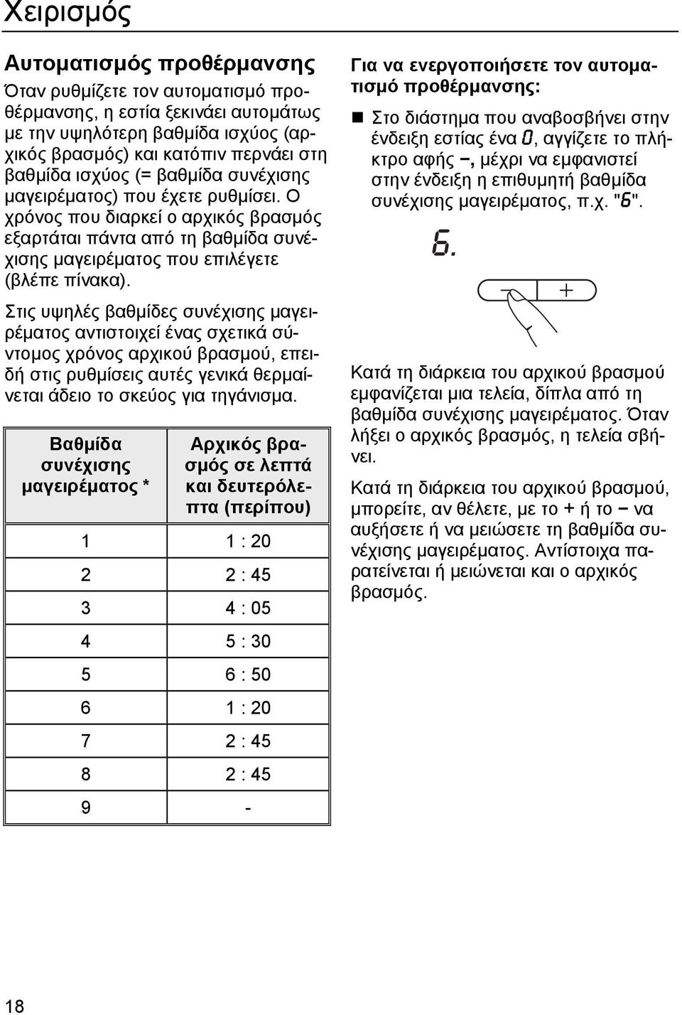 Στις υψηλές βαθµίδες συνέχισης µαγειρέµατος αντιστοιχεί ένας σχετικά σύντοµος χρόνος αρχικού βρασµού, επειδή στις ρυθµίσεις αυτές γενικά θερµαίνεται άδειο το σκεύος για τηγάνισµα.