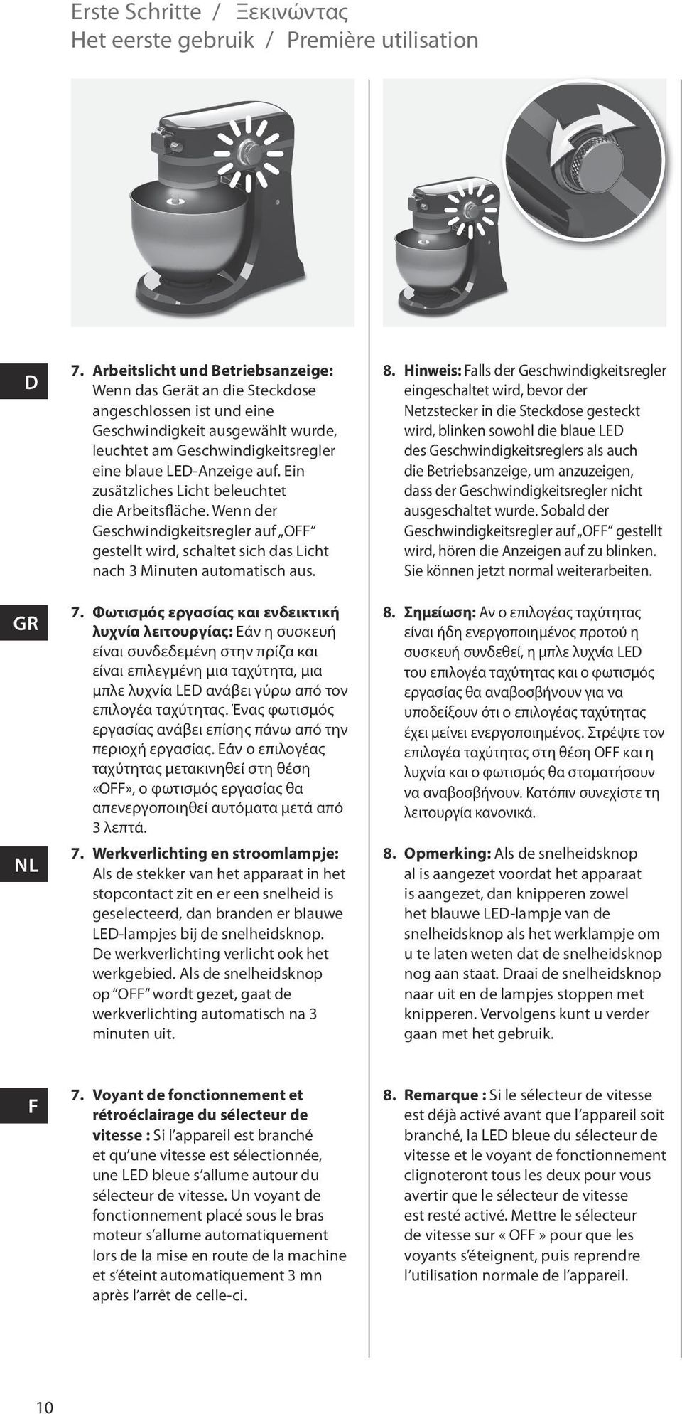 Ein zusätzliches Licht beleuchtet die Arbeitsfläche. Wenn der Geschwindigkeitsregler auf O gestellt wird, schaltet sich das Licht nach 3 Minuten automatisch aus. 7.