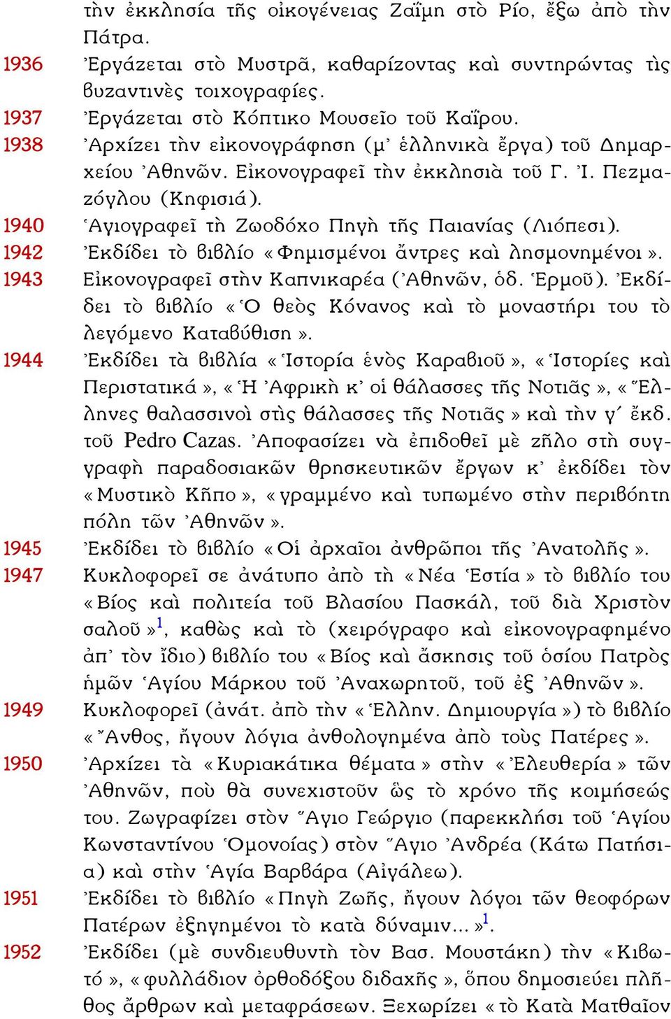 1942 Εκδίδει τὸ βιβλίο «Φημισμένοι ἄντρες καὶ λησμονημένοι». 1943 Εἰκονογραφεῖ στὴν Καπνικαρέα ( Αθηνῶν, ὁδ. Ερμοῦ). Εκδίδει τὸ βιβλίο «Ο θεὸς Κόνανος καὶ τὸ μοναστήρι του τὸ λεγόμενο Καταβύθιση».