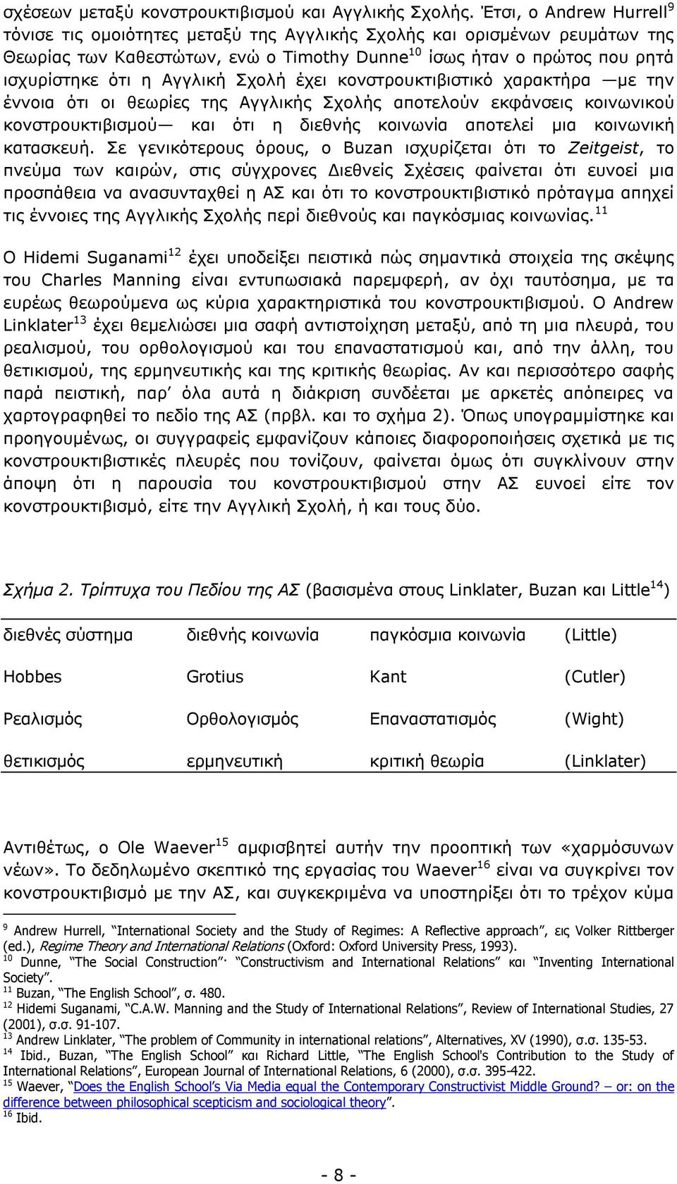 Αγγλική Σχολή έχει κονστρουκτιβιστικό χαρακτήρα με την έννοια ότι οι θεωρίες της Αγγλικής Σχολής αποτελούν εκφάνσεις κοινωνικού κονστρουκτιβισμού και ότι η διεθνής κοινωνία αποτελεί μια κοινωνική