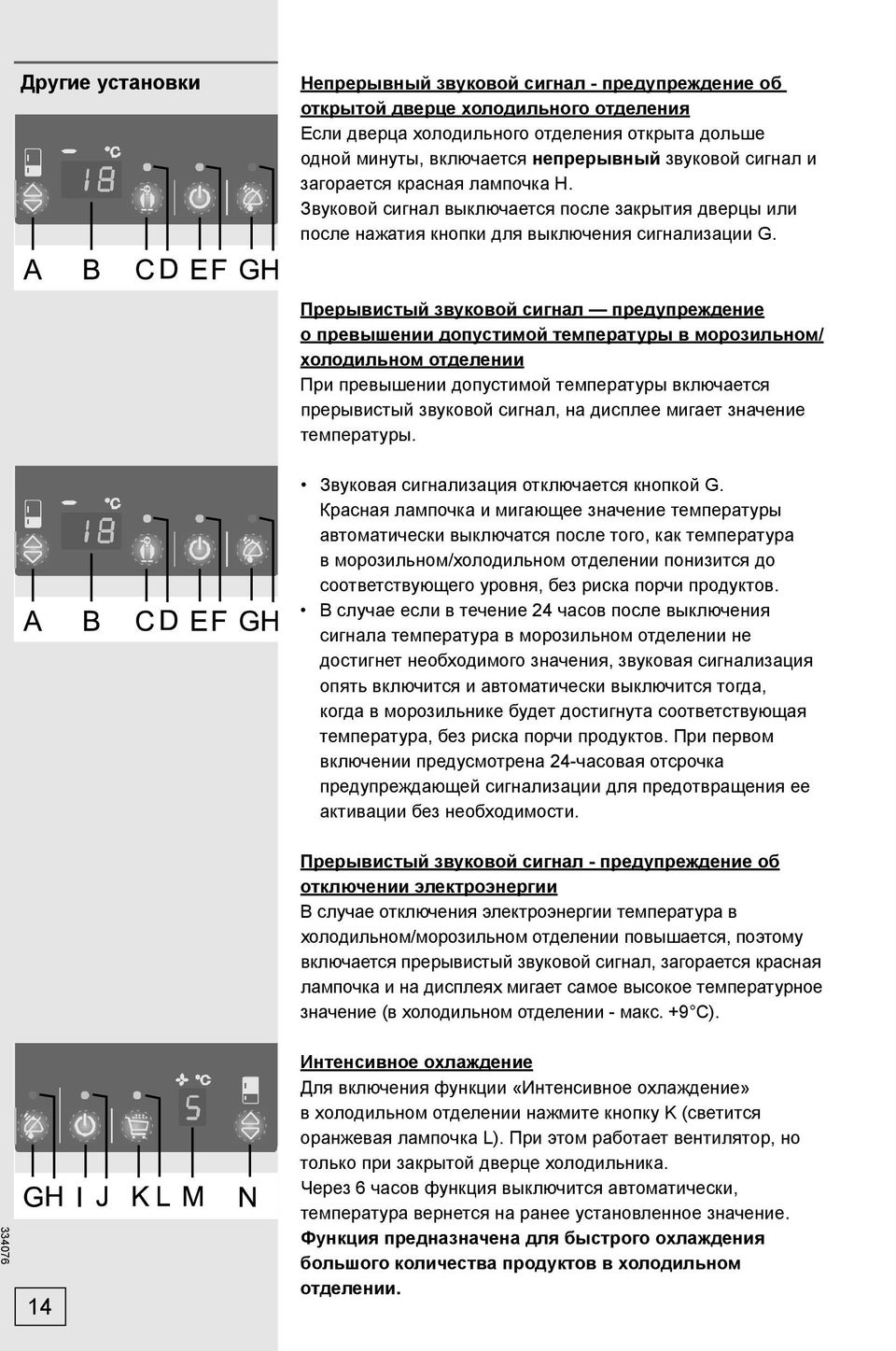 Прерывистый звуковой сигнал предупреждение о превышении допустимой температуры в морозильном/ холодильном отделении При превышении допустимой температуры включается прерывистый звуковой сигнал, на