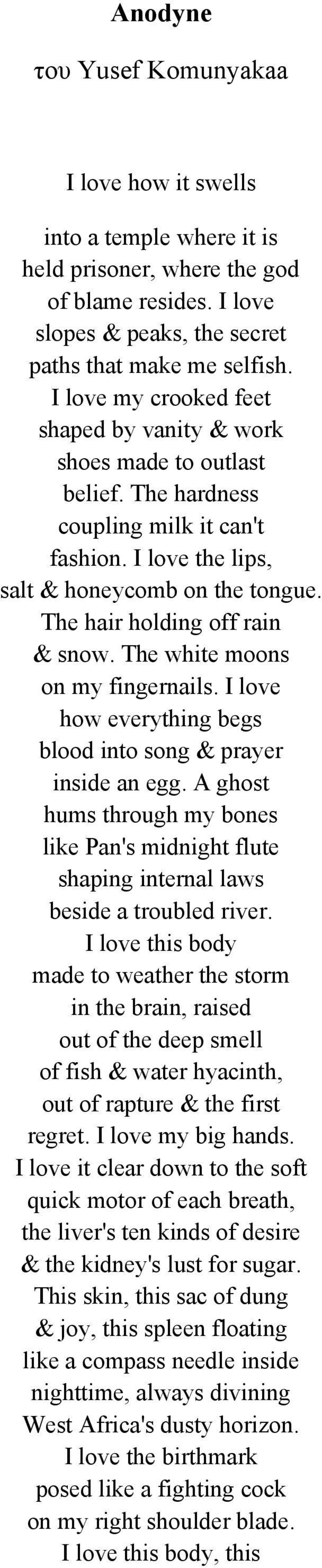 The hair holding off rain & snow. The white moons on my fingernails. I love how everything begs blood into song & prayer inside an egg.