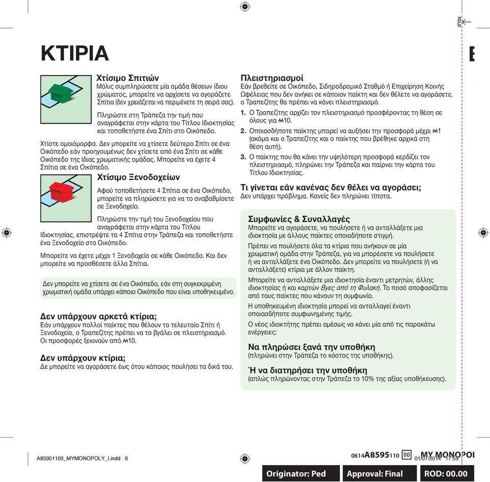 Δεν μπορείτε να χτίσετε δεύτερο Σπίτι σε ένα Οικόπεδο εάν προηγουμένως δεν χτίσετε από ένα Σπίτι σε κάθε Οικόπεδο της ίδιας χρωματικής ομάδας. Μπορείτε να έχετε 4 Σπίτια σε ένα Οικόπεδο.