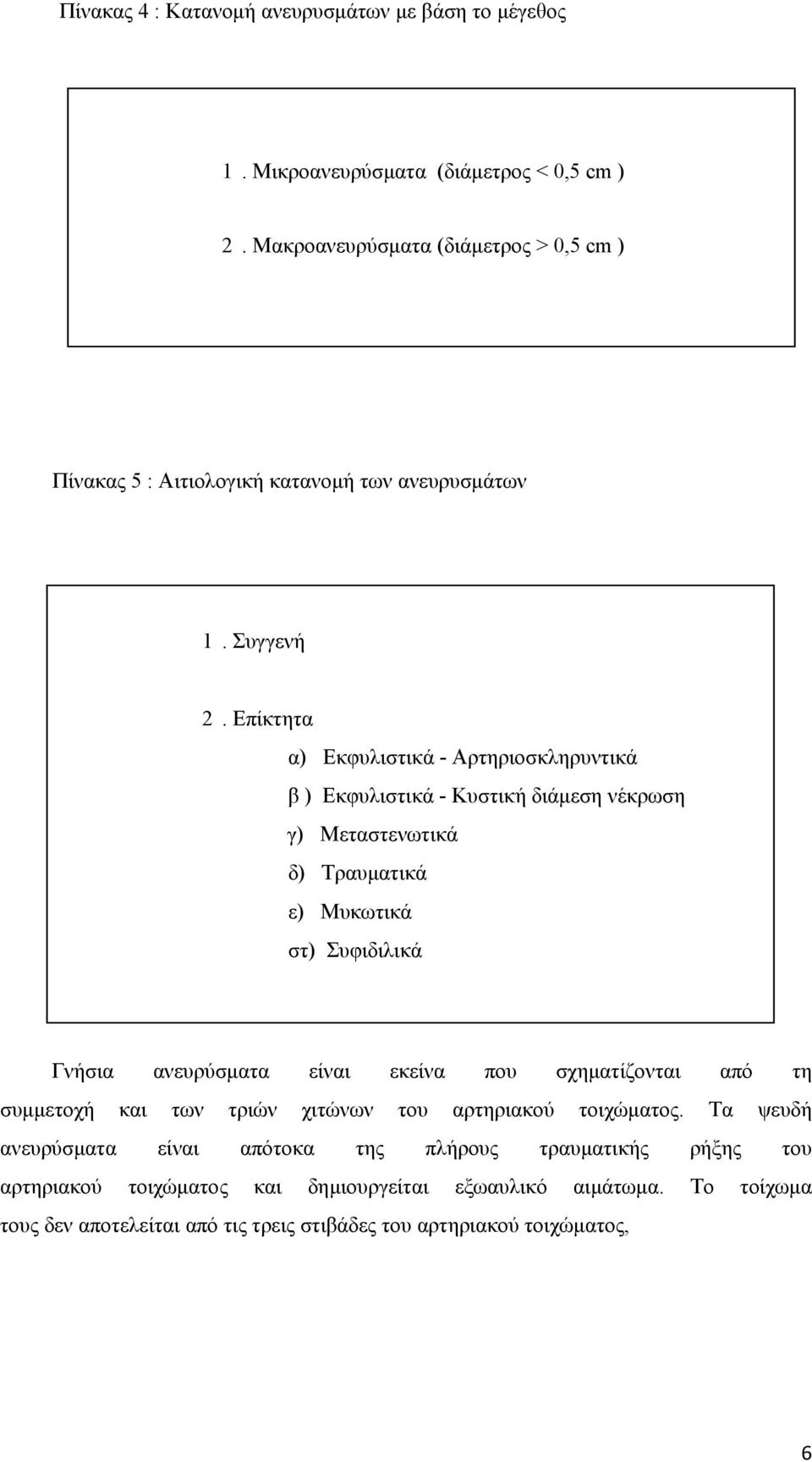 Επίκτητα α) Εκφυλιστικά - Αρτηριοσκληρυντικά β ) Εκφυλιστικά - Κυστική διάμεση νέκρωση γ) Μεταστενωτικά δ) Τραυματικά ε) Μυκωτικά στ) Συφιδιλικά Γνήσια ανευρύσματα