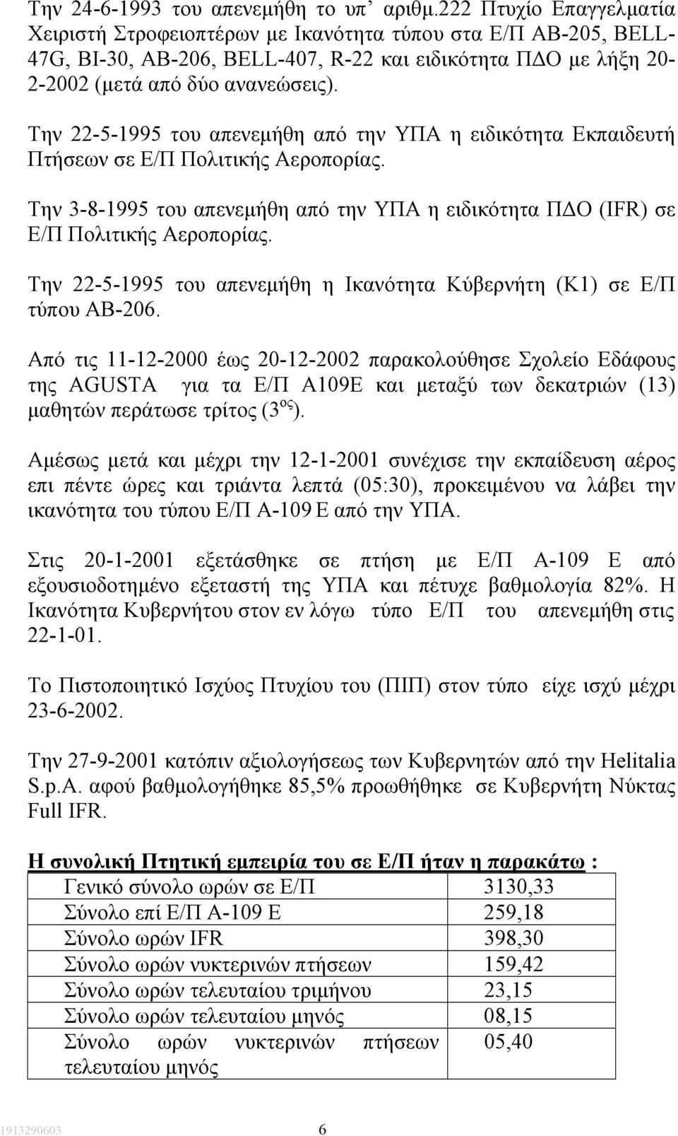 Την 22-5-1995 του απενεµήθη από την ΥΠΑ η ειδικότητα Εκπαιδευτή Πτήσεων σε Ε/Π Πολιτικής Αεροπορίας. Την 3-8-1995 του απενεµήθη από την ΥΠΑ η ειδικότητα Π Ο (IFR) σε Ε/Π Πολιτικής Αεροπορίας.