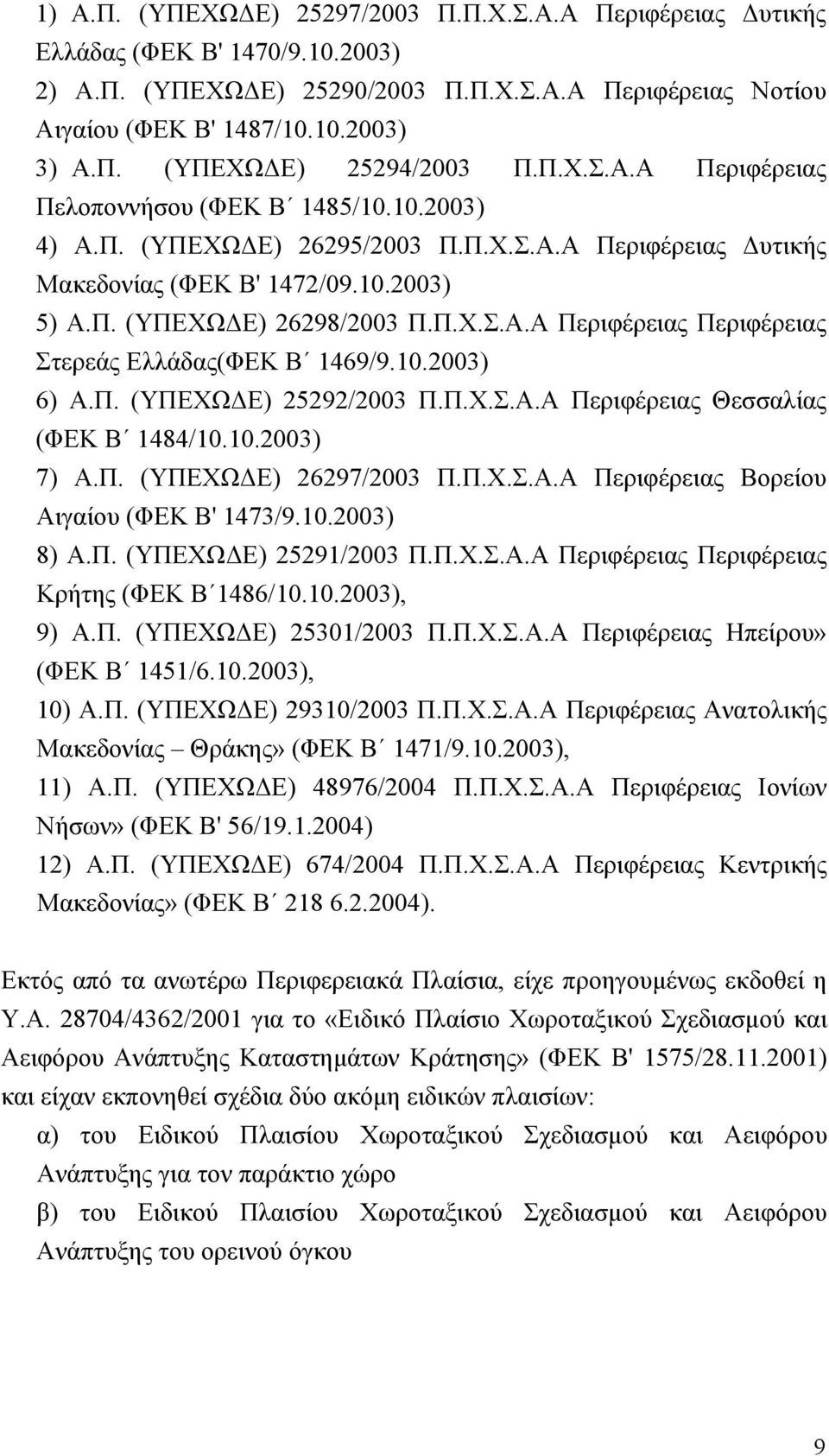 10.2003) 6) Α.Π. (ΥΠΕΧΩΔΕ) 25292/2003 Π.Π.Χ.Σ.Α.Α Περιφέρειας Θεσσαλίας (ΦΕΚ Β 1484/10.10.2003) 7) Α.Π. (ΥΠΕΧΩΔΕ) 26297/2003 Π.Π.Χ.Σ.Α.Α Περιφέρειας Βορείου Αιγαίου (ΦΕΚ Β' 1473/9.10.2003) 8) Α.Π. (ΥΠΕΧΩΔΕ) 25291/2003 Π.