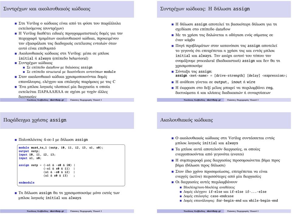 (επίπεδο behavioral) Συντρέχων κώδικας Σε επίπεδο dataflow με δηλώσεις assign Σε επίπεδο structural με διασύνδεση αντιτύπων module Στον ακολουθιακό κώδικα χρησιμοποιούνται δομές επανάληψης, ελέγχου