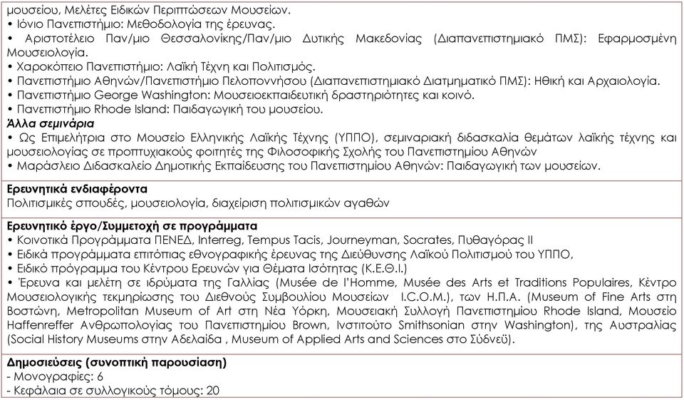 Πανεπιστήμιο Αθηνών/Πανεπιστήμιο Πελοποννήσου (Διαπανεπιστημιακό Διατμηματικό ΠΜΣ): Ηθική και Αρχαιολογία. Πανεπιστήμιο George Washington: Μουσειοεκπαιδευτική δραστηριότητες και κοινό.