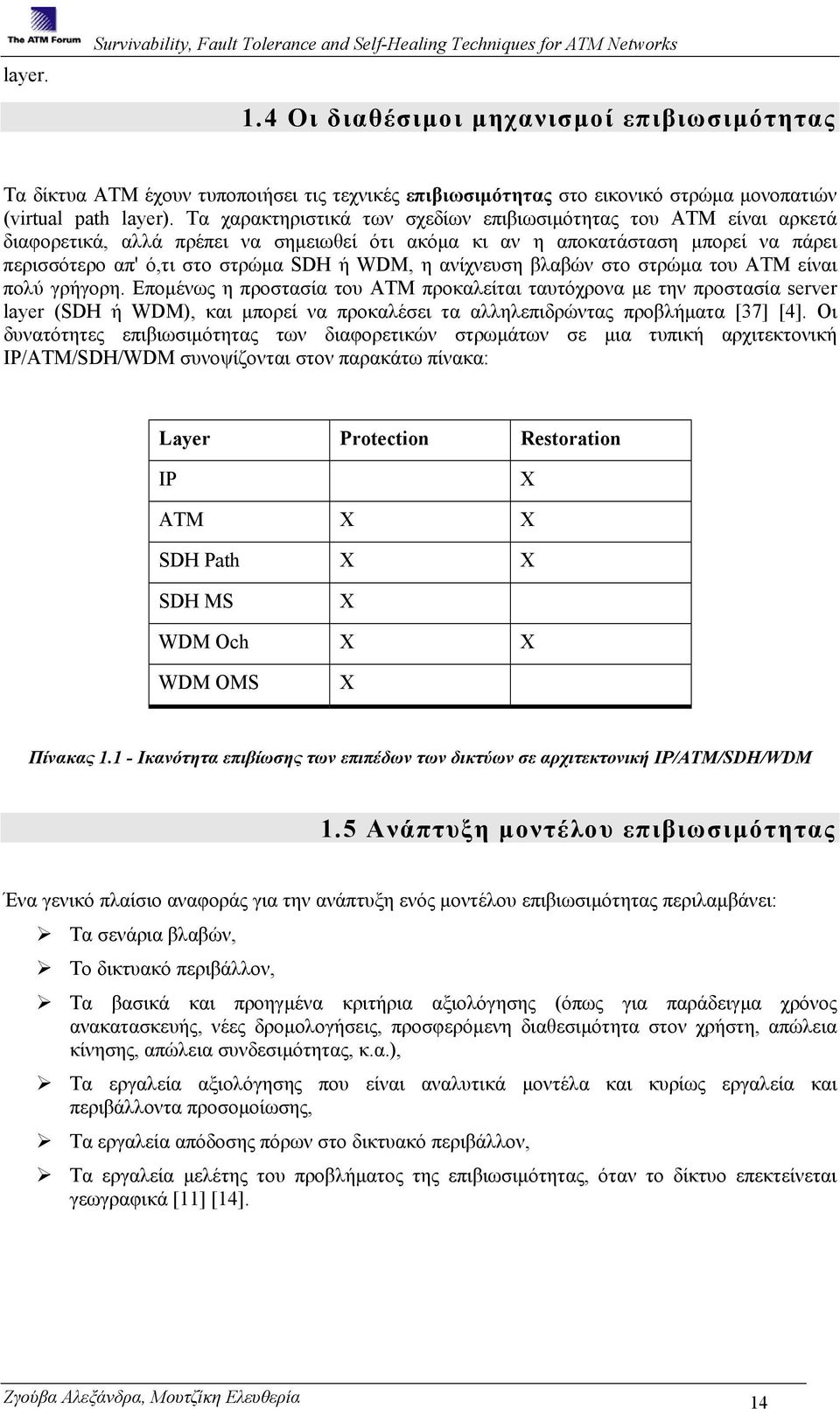 Τα χαρακτηριστικά των σχεδίων επιβιωσιµότητας του ATM είναι αρκετά διαφορετικά, αλλά πρέπει να σηµειωθεί ότι ακόµα κι αν η αποκατάσταση µπορεί να πάρει περισσότερο απ' ό,τι στο στρώµα SDH ή WDM, η