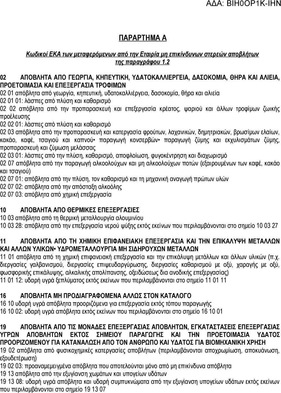 αλιεία 02 01 01: λάσπες από πλύση και καθαρισμό 02 02 απόβλητα από την προπαρασκευή και επεξεργασία κρέατος, ψαριού και άλλων τροφίμων ζωικής προέλευσης 02 02 01: λάσπες από πλύση και καθαρισμό 02 03