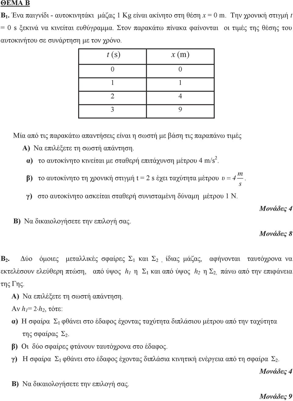 t (s) x (m) 0 0 1 1 2 4 3 9 Μία από τις παρακάτω απαντήσεις είναι η σωστή με βάση τις παραπάνω τιμές Α) Να επιλέξετε τη σωστή απάντηση. α) το αυτοκίνητο κινείται με σταθερή επιτάχυνση μέτρου 4 m/s 2.