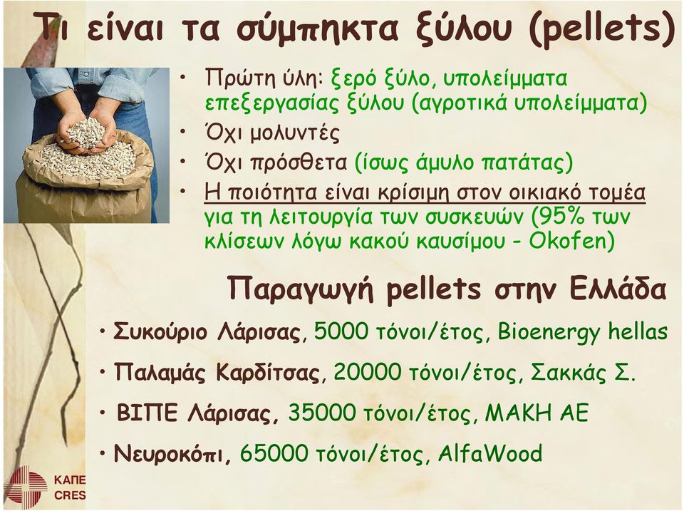 (95% των κλίσεων λόγω κακού καυσίµου - Okofen) Παραγωγή pellets στην Ελλάδα Συκούριο Λάρισας, 5000 τόνοι/έτος, Bioenergy
