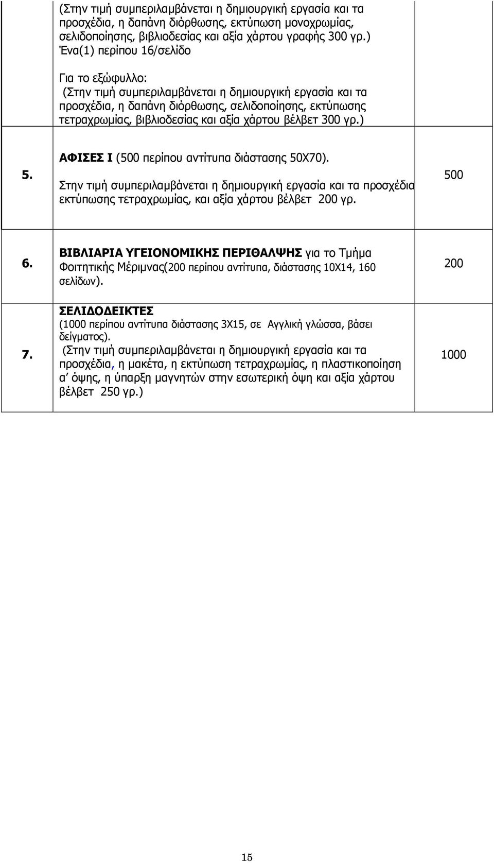 χάρτου βέλβετ 300 γρ.) 5. ΑΦΙΣΕΣ Ι (500 περίπου αντίτυπα διάστασης 50Χ70). Στην τιμή συμπεριλαμβάνεται η δημιουργική εργασία και τα προσχέδια εκτύπωσης τετραχρωμίας, και αξία χάρτου βέλβετ 200 γρ.