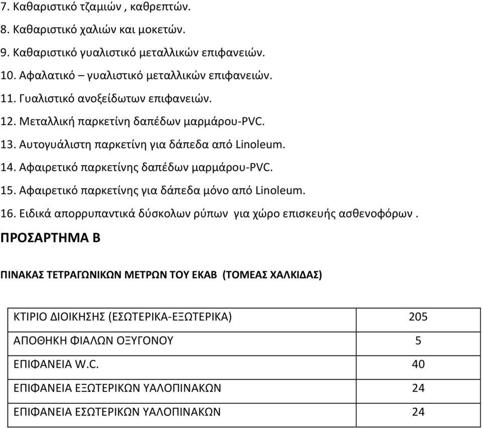 Αφαιρετικό παρκετίνης δαπέδων μαρμάρου-pvc. 15. Αφαιρετικό παρκετίνης για δάπεδα μόνο από Linoleum. 16. Ειδικά απορρυπαντικά δύσκολων ρύπων για χώρο επισκευής ασθενοφόρων.