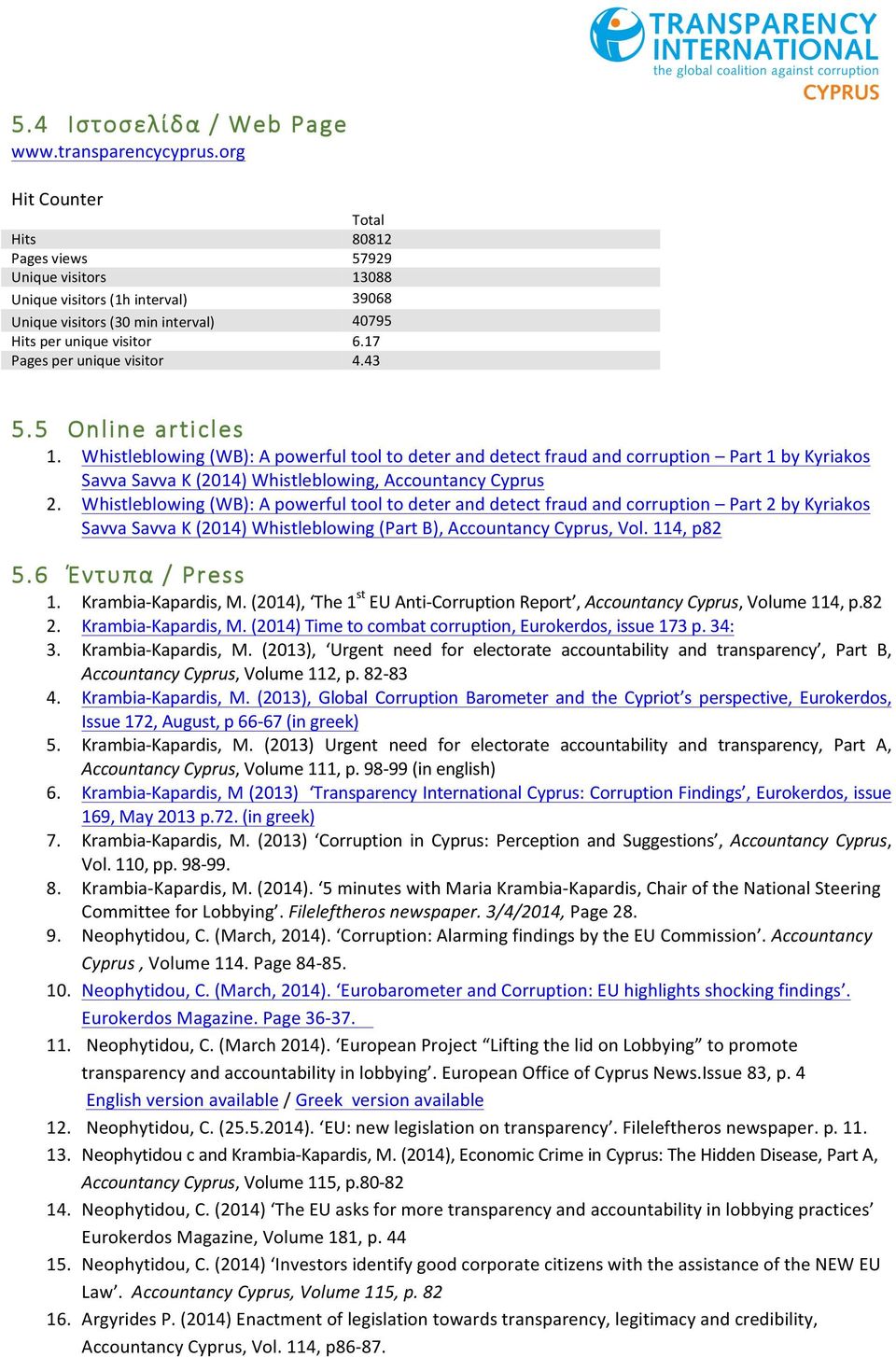 17 4.43 5.5 Online articles 1. Whistleblowing (WB): A powerful tool to deter and detect fraud and corruption Part 1 by Kyriakos Savva Savva K (2014) Whistleblowing, Accountancy Cyprus 2.