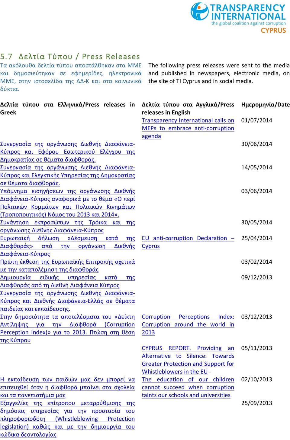 Δελτία τύπου στα Ελληνικά/Press releases in Greek Συνεργασία της οργάνωσης Διεθνής Διαφάνεια- Κύπρος και Εφόρου Εσωτερικού Ελέγχου της Δημοκρατίας σε θέματα διαφθοράς.