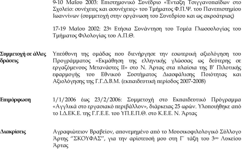 Συμμετοχή σε άλλες δράσεις Υπεύθυνη της ομάδας που διενήργησε την εσωτερική αξιολόγηση του Προγράμματος «Εκμάθηση της ελληνικής γλώσσας ως δεύτερης σε εργαζόμενους Μετανάστες ΙΙ» στο Ν.