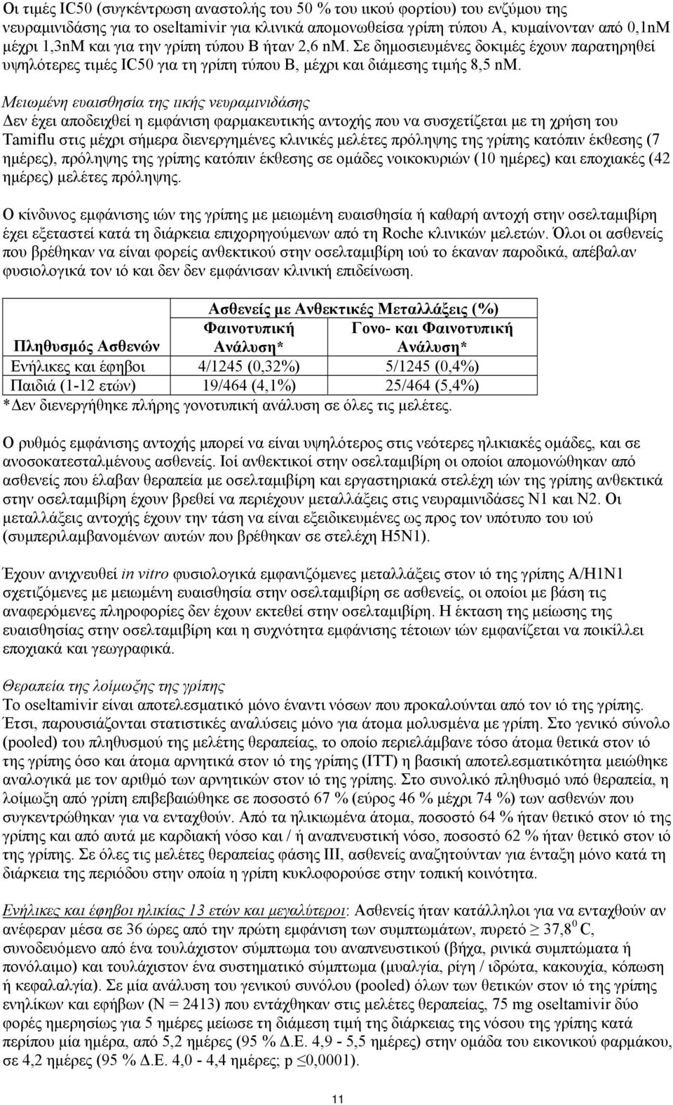 Μειωμένη ευαισθησία της ιικής νευραμινιδάσης Δεν έχει αποδειχθεί η εμφάνιση φαρμακευτικής αντοχής που να συσχετίζεται με τη χρήση του Tamiflu στις μέχρι σήμερα διενεργημένες κλινικές μελέτες πρόληψης