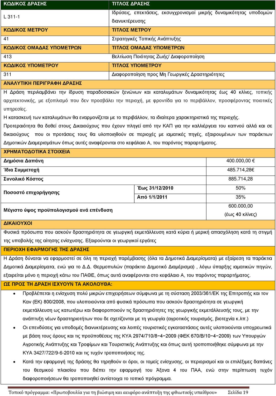 περιλαμβάνει την ίδρυση παραδοσιακών ξενώνων και καταλυμάτων δυναμικότητας έως 40 κλίνες, τοπικής αρχιτεκτονικής, με εξοπλισμό που δεν προσβάλει την περιοχή, με φροντίδα για το περιβάλλον,