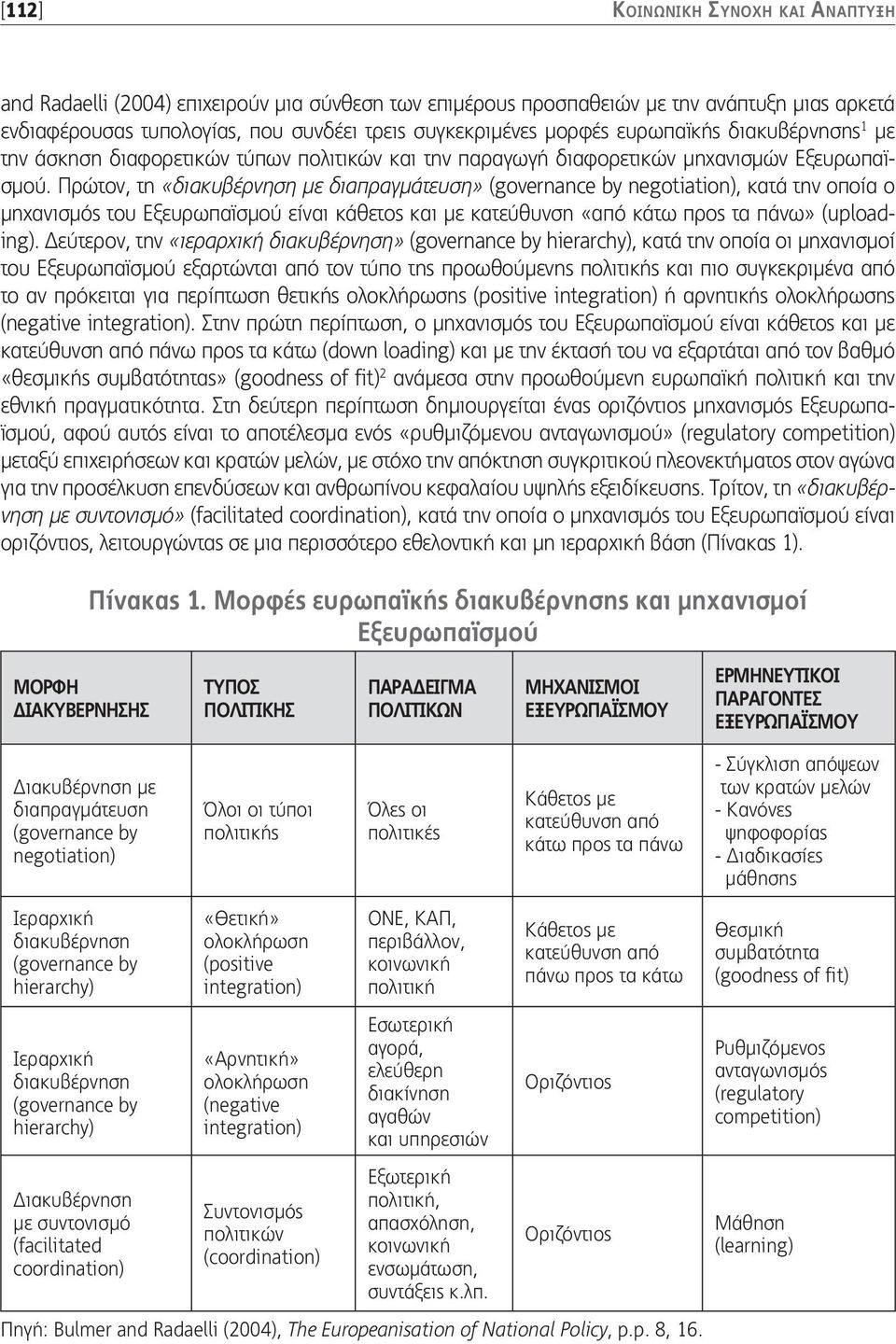 Πρώτον, τη «διακυβέρνηση με διαπραγμάτευση» (governance by negotiation), κατά την οποία ο μηχανισμός του Εξευρωπαϊσμού είναι κάθετος και με κατεύθυνση «από κάτω προς τα πάνω» (uploading).