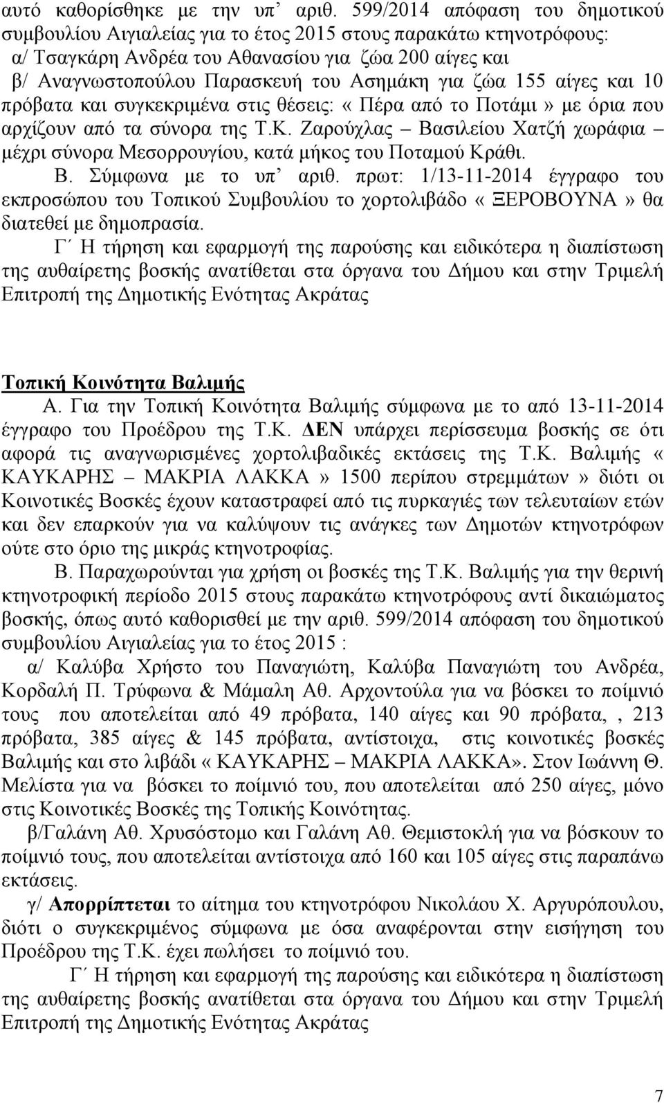 ζώα 155 αίγες και 10 πρόβατα και συγκεκριμένα στις θέσεις: «Πέρα από το Ποτάμι» με όρια που αρχίζουν από τα σύνορα της Τ.Κ.