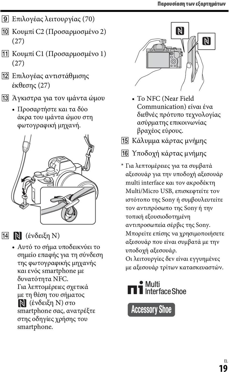 N (ένδειξη N) Αυτό το σήμα υποδεικνύει το σημείο επαφής για τη σύνδεση της φωτογραφικής μηχανής και ενός smartphone με δυνατότητα NFC.