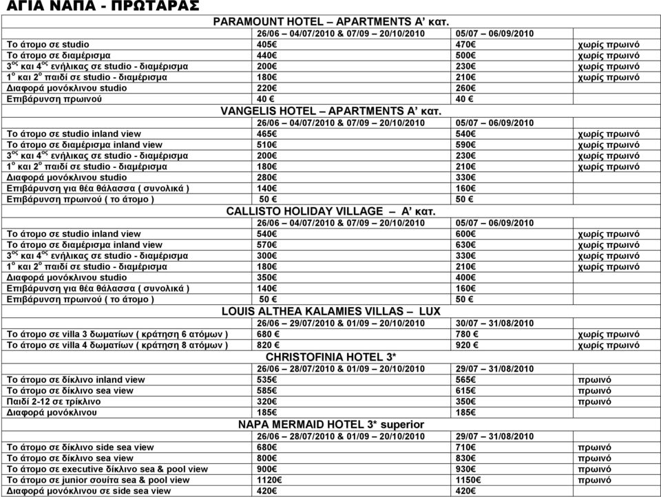 ππωινό 1 ο και 2 ο παιδί ζε studio - διαμέπιζμα 180 210 σωπίρ ππωινό Διαθοπά μονόκλινος studio 220 260 Επιβάπςνζη ππωινού 40 40 VANGELIS HOTEL APARTMENTS Α καη.