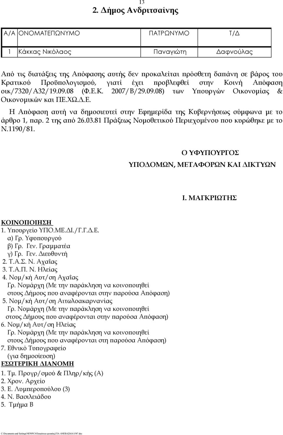 2 της από 26.03.81 Πράξεως Νομοθετικού Περιεχομένου που κυρώθηκε με το Ν.1190/81. Ο ΥΦΥΠΟΥΡΓΟΣ ΥΠΟΔΟΜΩΝ, ΜΕΤΑΦΟΡΩΝ ΚΑΙ ΔΙΚΤΥΩΝ Ι. ΜΑΓΚΡΙΩΤΗΣ ΚΟΙΝΟΠΟΙΗΣΗ 1. Υπουργείο ΥΠΟ.ΜΕ.ΔΙ./Γ.Γ.Δ.Ε. α) Γρ.