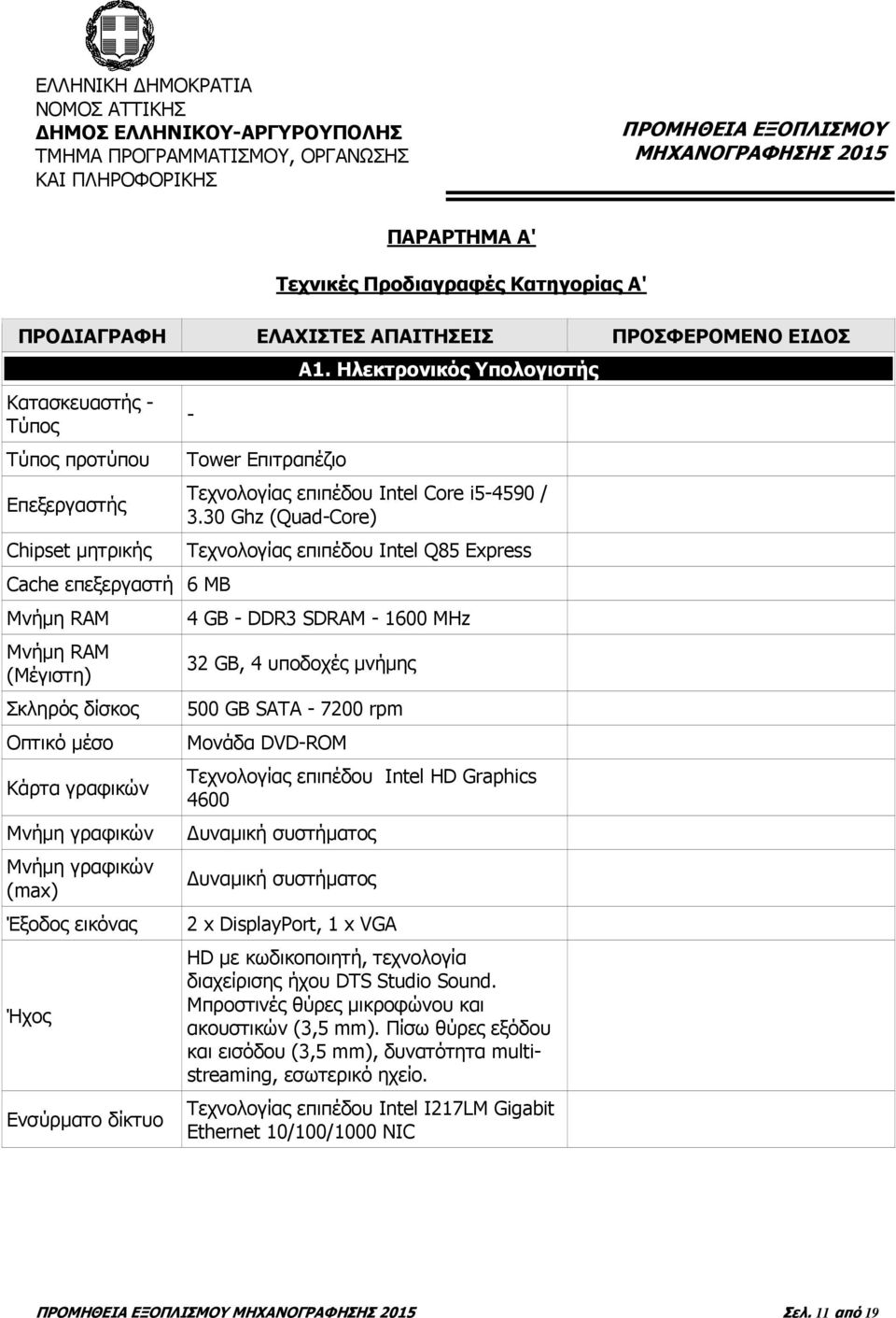 γραφικών Μνήµη γραφικών Μνήµη γραφικών (max) Έξοδος εικόνας Ήχος Ενσύρµατο δίκτυο - Tower Επιτραπέζιο Α1. Ηλεκτρονικός Υπολογιστής Τεχνολογίας επιπέδου Intel Core i5-4590 / 3.