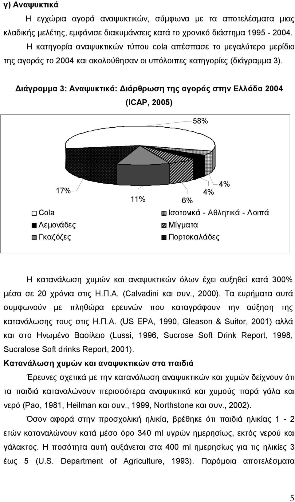 ιάγραµµα 3: Αναψυκτικά: ιάρθρωση της αγοράς στην Ελλάδα 2004 (ICAP, 2005) 58% 17% Cola Λεµονάδες Γκαζόζες 11% 4% 4% 6% Ισοτονικά - Αθλητικά - Λοιπά Μίγµατα Πορτοκαλάδες Η κατανάλωση χυµών και