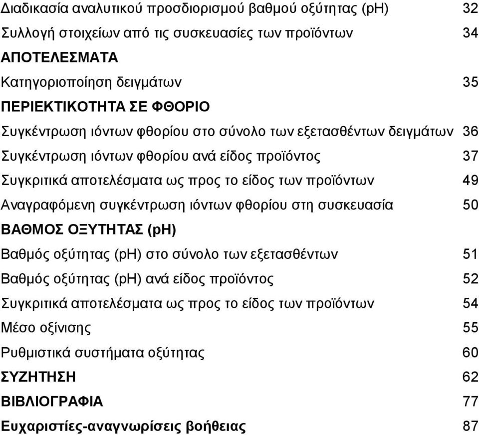 προϊόντων 49 Αναγραφόµενη συγκέντρωση ιόντων φθορίου στη συσκευασία 50 ΒΑΘΜΟΣ ΟΞΥΤΗΤΑΣ (ph) Βαθµός οξύτητας (ph) στο σύνολο των εξετασθέντων 51 Βαθµός οξύτητας (ph) ανά είδος