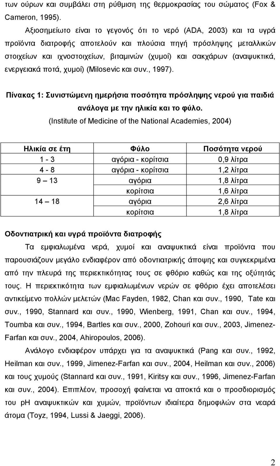 (αναψυκτικά, ενεργειακά ποτά, χυµοί) (Milosevic και συν., 1997). Πίνακας 1: Συνιστώµενη ηµερήσια ποσότητα πρόσληψης νερού για παιδιά ανάλογα µε την ηλικία και το φύλο.