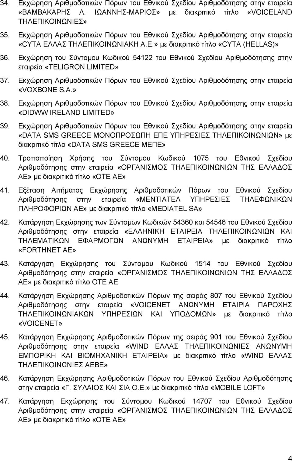 Εκχώρηση του Σύντομου Κωδικού 54122 του Εθνικού Σχεδίου Αριθμοδότησης στην εταιρεία «TELIGRON LIMITED» 37. Εκχώρηση Αριθμοδοτικών Πόρων του Εθνικού Σχεδίου Αριθμοδότησης στην εταιρεία «VOXBONE S.A.