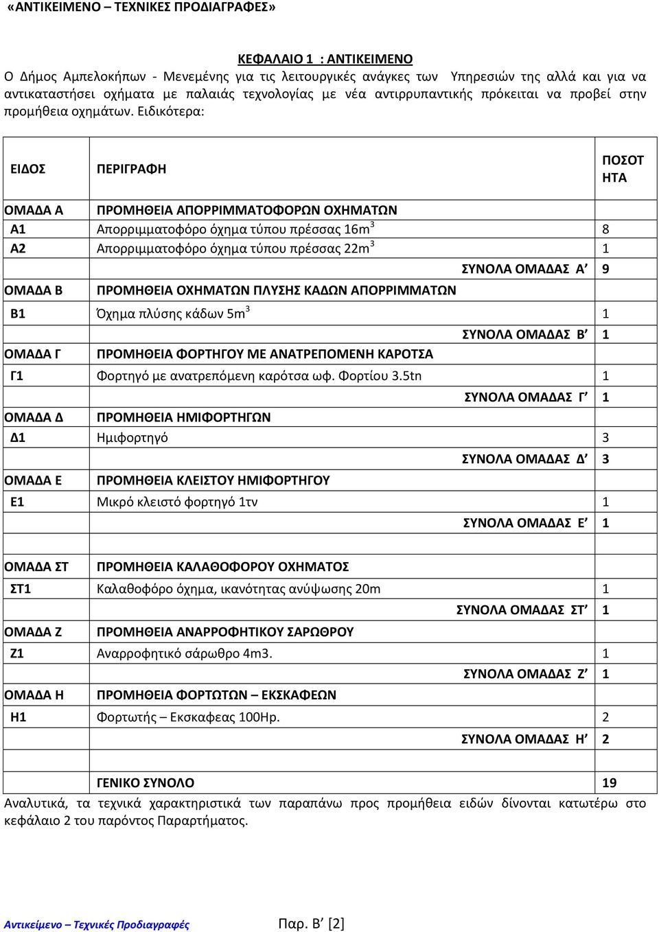 Ειδικότερα: ΕΙΔΟΣ ΠΕΡΙΓΡΑΦΗ ΠΟΣΟΤ ΗΤΑ ΟΜΑΔΑ Α ΠΡΟΜΗΘΕΙΑ ΑΠΟΡΡΙΜΜΑΤΟΦΟΡΩΝ ΟΧΗΜΑΤΩΝ A1 Απορριμματοφόρο όχημα τύπου πρέσσας 16m 3 8 A2 Απορριμματοφόρο όχημα τύπου πρέσσας 22m 3 1 ΣΥΝΟΛΑ ΟΜΑΔΑΣ Α 9 ΟΜΑΔΑ