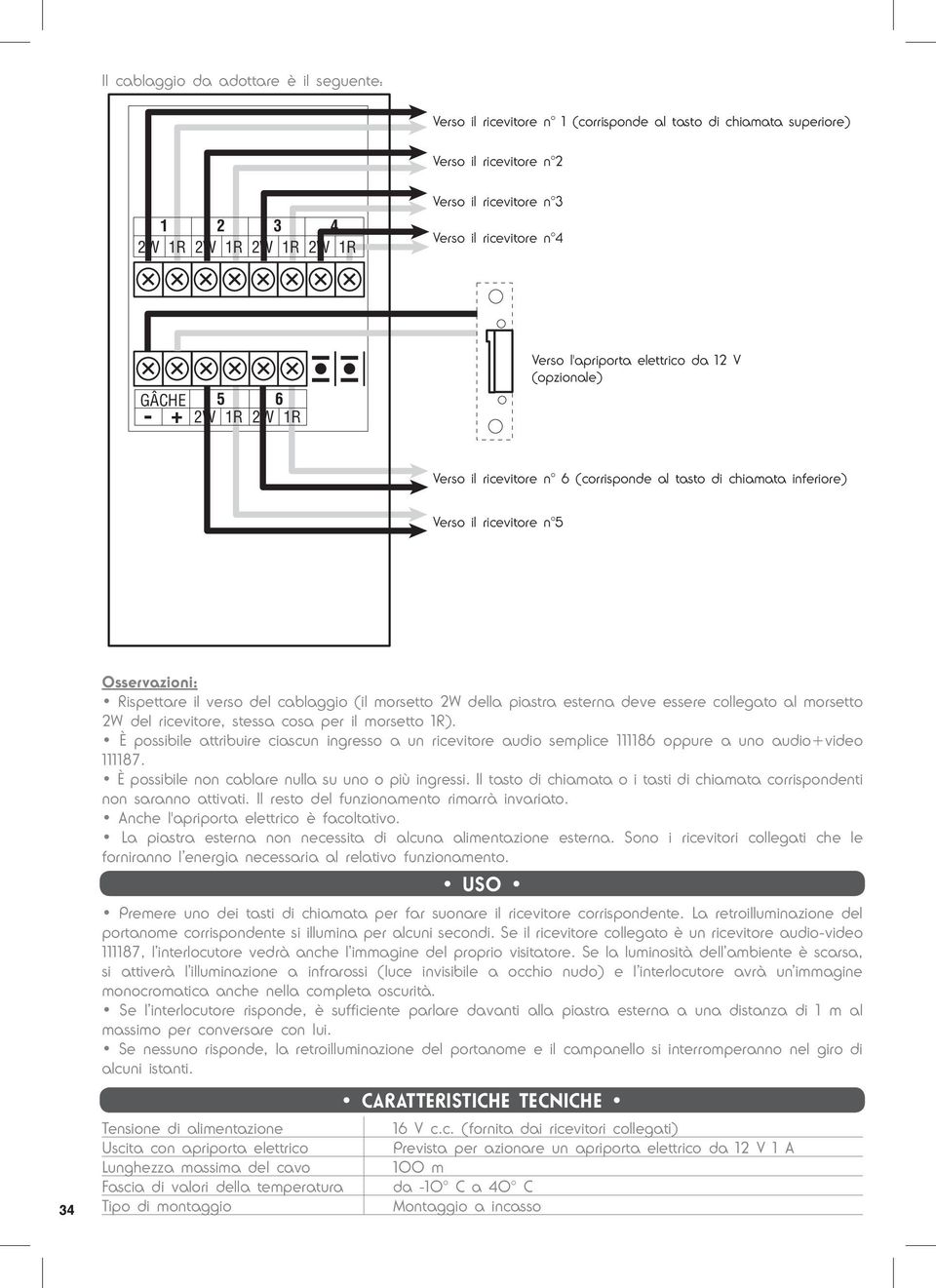 Rispettare il verso del cablaggio (il morsetto 2W della piastra esterna deve essere collegato al morsetto 2W del ricevitore, stessa cosa per il morsetto 1R).