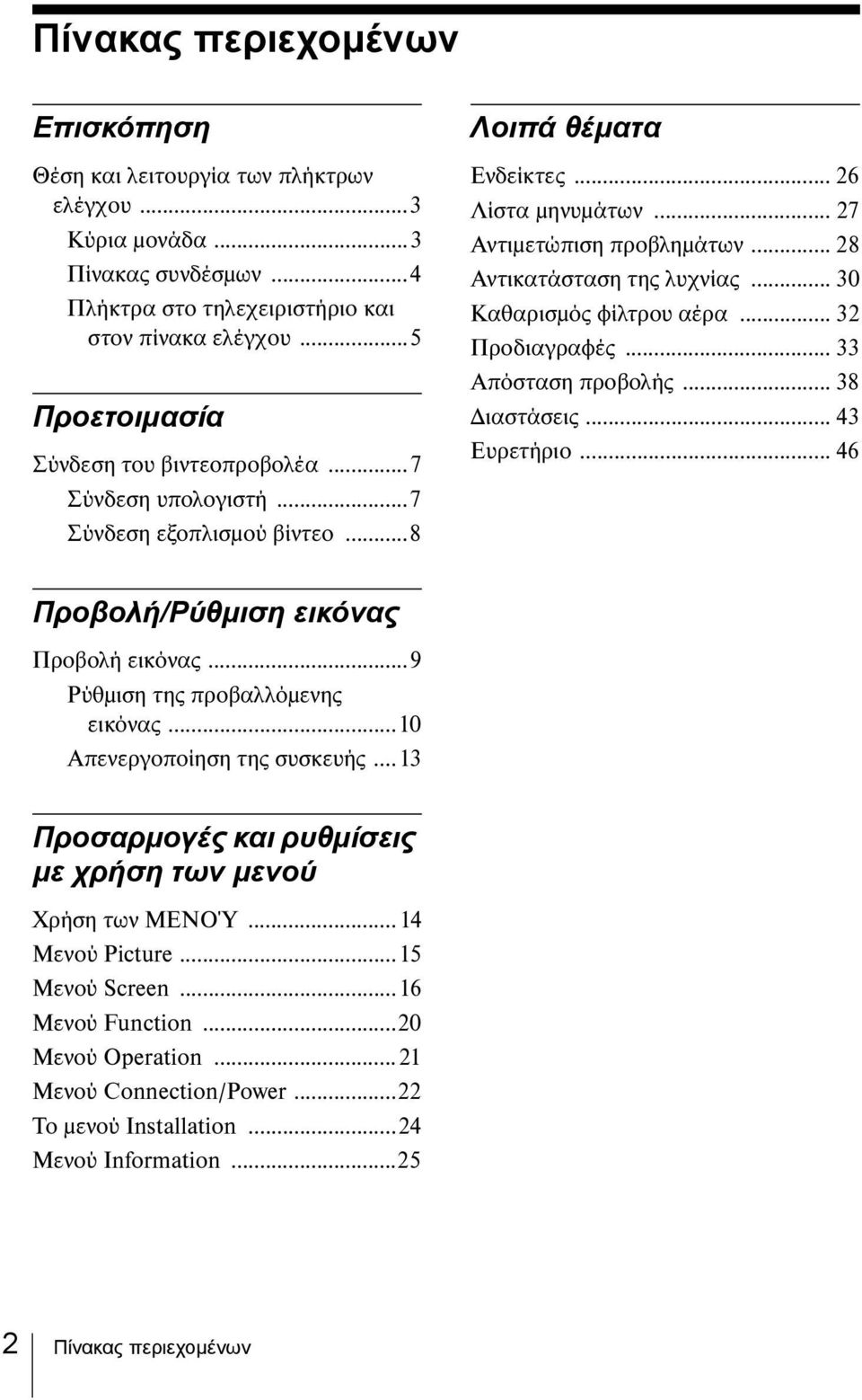 .. 28 Αντικατάσταση της λυχνίας... 30 Καθαρισμός φίλτρου αέρα... 32 Προδιαγραφές... 33 Απόσταση προβολής... 38 Διαστάσεις... 43 Ευρετήριο... 46 Προβολή/Ρύθμιση εικόνας Προβολή εικόνας.