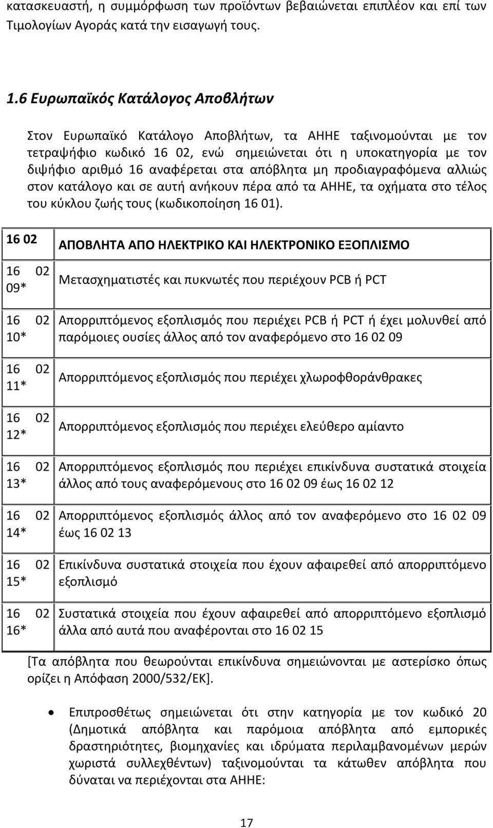 απόβλητα μη προδιαγραφόμενα αλλιώς στον κατάλογο και σε αυτή ανήκουν πέρα από τα ΑΗΗΕ, τα οχήματα στο τέλος του κύκλου ζωής τους (κωδικοποίηση 16 01).