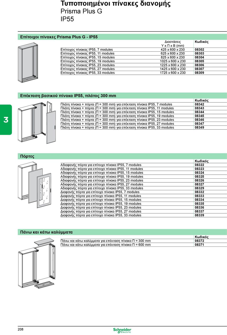 08306 Επίτοιχος πίνακας IP55, 27 modules 1425 x 600 x 230 08307 Επίτοιχος πίνακας IP55, 33 modules 1725 x 600 x 230 08309 Επέκταση βασικού πίνακα ΙΡ55, πλάτος 300 mm Πλάτη πίνακα + πόρτα (Π = 300 mm)