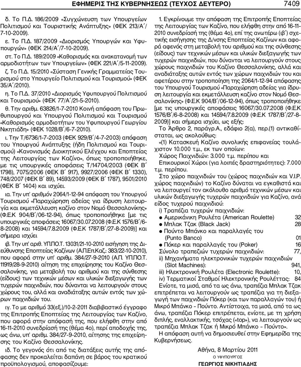 η. Το Π.Δ. 37/2010 «Διορισμός Υφυπουργού Πολιτισμού και Τουρισμού» (ΦΕΚ 77/Α /21 5 2010). θ. Την αριθμ.