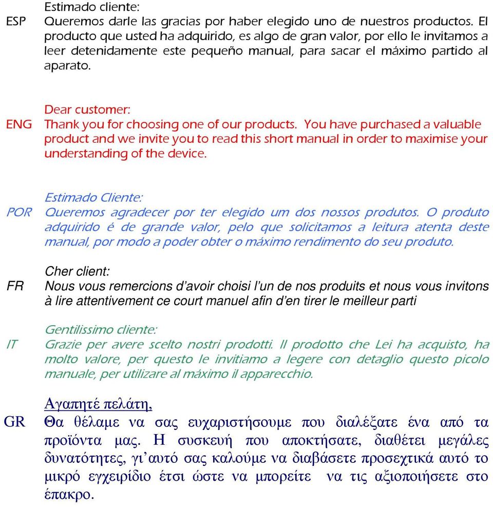 Dear customer: ENG Thank you for choosing one of our products. You have purchased a valuable product and we invite you to read this short manual in order to maximise your understanding of the device.